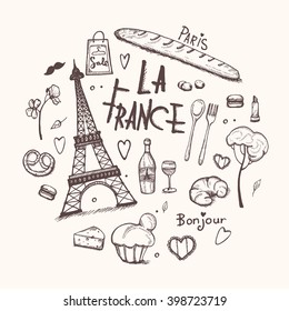 Paris doodles elements. Hand drawn set with france elements. Drawing doodle collection and lettering, isolated 