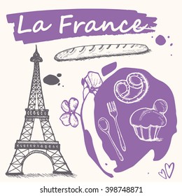 Paris doodles elements. Hand drawn set with france elements. Drawing doodle collection and lettering, isolated 