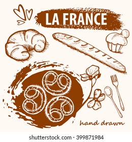 Paris doodles elements. Hand drawn set with france elements. Drawing doodle collection and lettering, isolated 