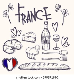 Paris doodles elements. Hand drawn set with france elements. Drawing doodle collection and lettering, isolated 