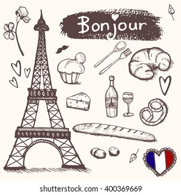 Paris doodles elements. Hand drawn set with france elements. Drawing doodle collection and lettering, isolated 
