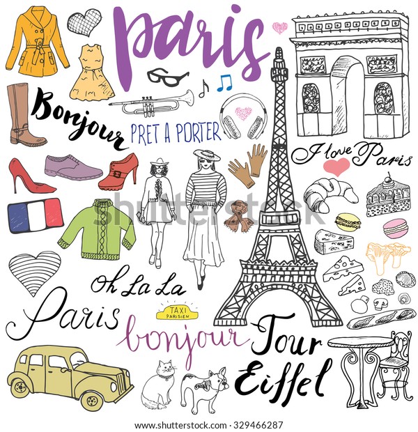 Paris\
doodles elements. Hand drawn set with eiffel tower bred cafe, taxi\
triumph arch, fashion elements, cat and french bulldog. Drawing\
doodle collection and lettering, isolated on\
white