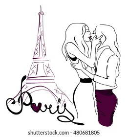 Paris, Eiffel Tower. Alternative love. Sketch beautiful girls who kiss. Vector illustration