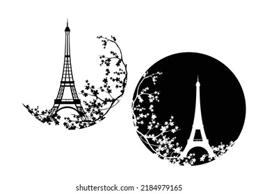 Paris eiffel tower among sakura blossom branches - elegant french landmark black and white vector circle design set