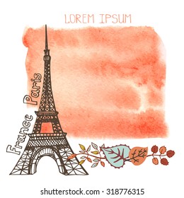 Paris Eiffel tower with autumn leaves ,watercolor splash background.Vintage doodle  sketchy.Famous landmark and label.Fall design template,artistic Vector illustration.