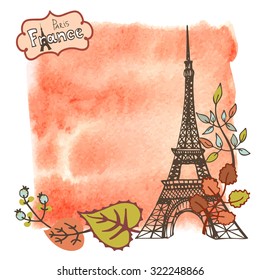 Paris Eiffel tower with autumn leaves ,watercolor splash background.Vintage doodle  sketchy.Famous landmark and label.Fall design template,artistic Vector illustration.