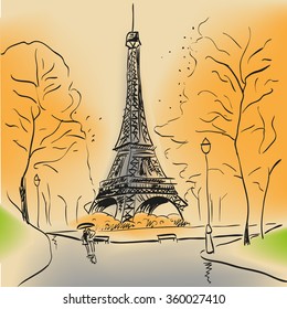 Paris Eiffel tower with autumn leaves  hand drawn style