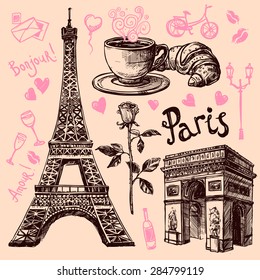 Paris Eiffel Tower and bakery hand drawing symbol set vector illustration