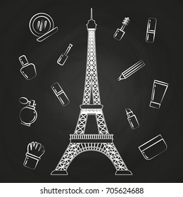 Paris Eiffel tower and beauty cosmetics on blackboard. Vector illustration