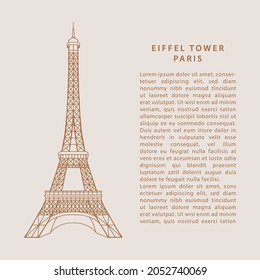 Tarjeta Torre Eiffel de París con líneas simples dibujadas a mano en vector.