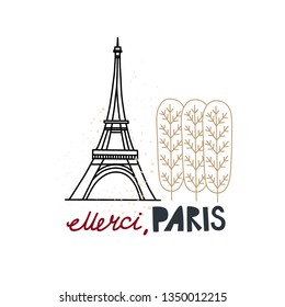 Paris, Eiffel tower, Paris cartoon art, postcard,  hand drawing, vector illustration