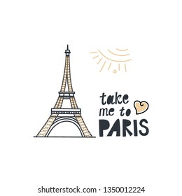 Paris, Eiffel tower, Paris cartoon art, postcard,  hand drawing, vector illustration