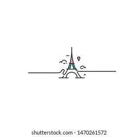 Paris, Eiffel tower, Paris cartoon art, postcard, Line art vector illustration