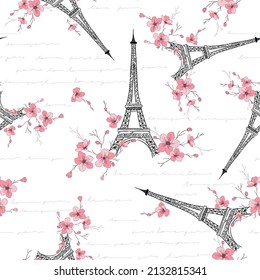Paris Eiffel Tower and Cherry Blossom vintage hand writing ditsy seamless vector Pattern