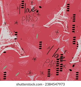 Torre Eiffel de París y diseño vintage de escritura a mano de cerezo con diseño vectorial sin fisuras