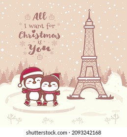 Paris eiffel tower chritmas postcard with couple of penguin and snowfall background