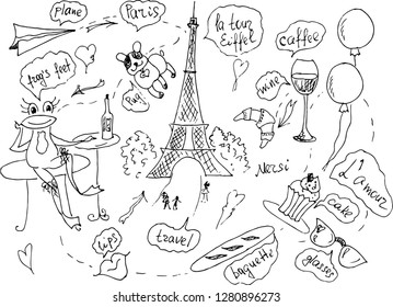 Paris,  
Eiffel Tower, croissants, wine, baguette, pug, frog legs, love, travel. Vector illustration.