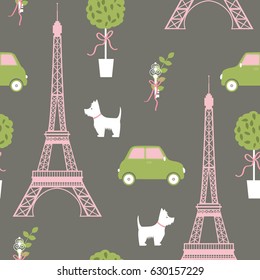  Paris. Eiffelturm, Hund, Auto, Baum. Muster der Vektorillustration.
