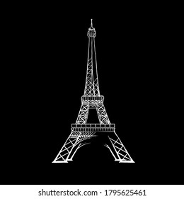 Paris Eiffel Tower drawing . Black and white hand drawn illustration. Icon sign for print and labelling.