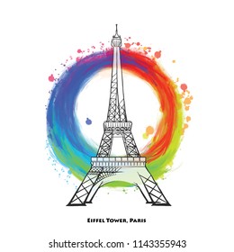 Paris Eiffel Tower drawing. Hand-drawn vecor sketch with colored background splashes. Travel landmark