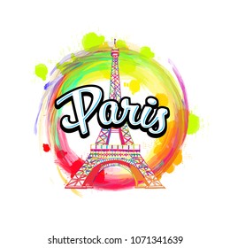 Paris Eiffel Tower Drawing with Headline. Hand drawn skyline illustration. Travel the world concept vector image for digital marketing and poster prints.