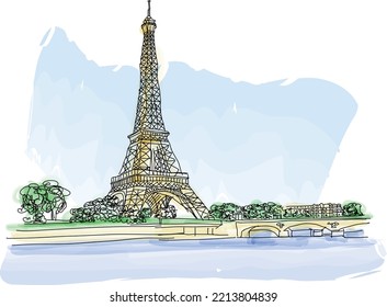 Paris Eiffel Tower and famous river Seine in Paris, France. Vector illustration for travel magazine, social media, poster, calendar