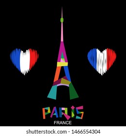 Paris Eiffel tower flag heart logo icon sign Hand drawn lettering Modern geometric design style Fashion print clothes apparel greeting invitation card picture banner badge poster flyer websites Vector