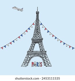 Paris Eiffel Tower, flags and airplane on light blue background.