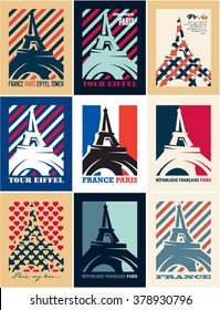 Paris, Eiffel tower, France, Retro Vintage Posters templates, Art Deco style posters, travel postcards