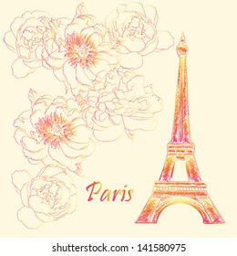 Paris Eiffel tower hand drawn stylish colorful postcard vector design background