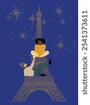 Paris Eiffel Tower Happy New Year 2025 Golden Balloons Night Fireworks Buildings Light Vector