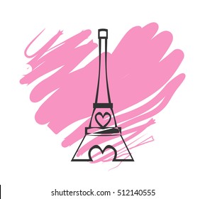 Paris Eiffel Tower Icon with pink heart on white background. Happy Valentines Day celebration greeting concept card. Vector illustration. Stroke clipart
