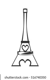 Paris Eiffel Tower Icon with pink heart on white background. Happy Valentines Day celebration greeting concept card. Vector illustration. Stroke clipart