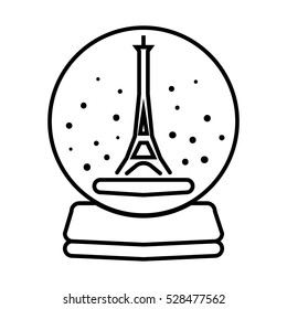 Paris Eiffel Tower Icon with snowflakes on white background. Merry Christmas and Happy New Year celebration greeting concept card. Vector illustration. Stroke clipart.