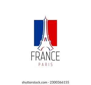 Paris eiffel tower icon. Vector famous landmark and national flag of France. Emblem for travel destination, tour and tourism entertainment with french architecture building. Isolated european monument