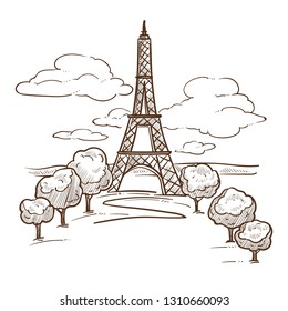 Paris Eiffel tower landmark sketch travel to France vector construction French symbol attraction famous architecture monument journey or trip drawn landscape trees and sky with clouds romantic place.