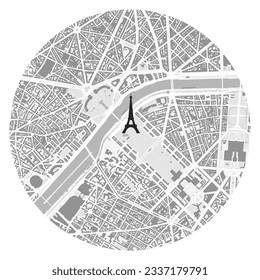 Mapa de la ubicación de la torre Eiffel de París. Mapa circular con un icono en el centro.