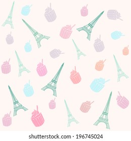 Paris Eiffel Tower pattern with cupcakes . Seamless pattern .Perfect for wallpaper, pattern fills, textile, web page background .