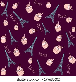 Paris Eiffel Tower pattern with cupcakes .