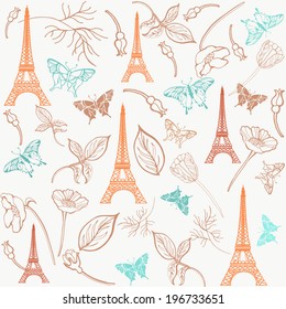 Paris Eiffel Tower pattern with flowers.Seamless pattern can be used for wallpaper, pattern fills, web page background,surface textures.