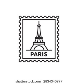 Paris Eiffel Tower postage stamp icon showing lattice tower, arched base and pointed antenna within a perforated frame above the Paris city label