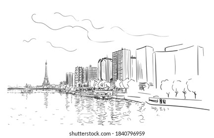 Paris Eiffel Tower and river Seine cityscape vector sketch, Hand drawn illustration black and white