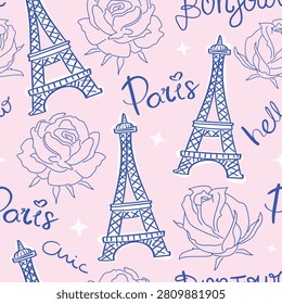 Paris Eiffel Tower romantic drawing love and romance concept seamless pattern repeating texture endless background. France vector illustration design with flowers.