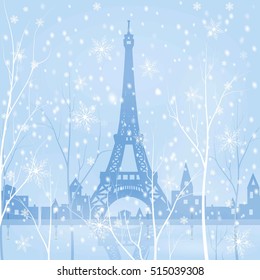 Paris, Eiffel tower, snowy winter background, vector illustration