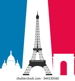 Paris Eiffel tower symbol and landmarks vector design on France flag