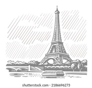 Paris with the Eiffel Tower vintage drawing.