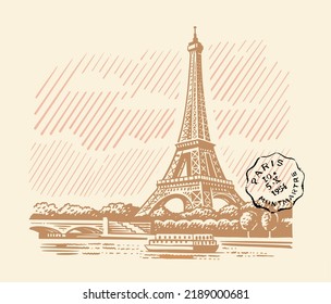 Paris with the Eiffel Tower vintage drawing.