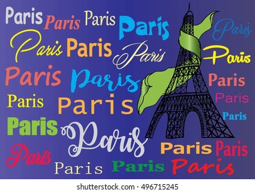 Paris Eiffel tower,doodle lettering, Hand drawn doodle sketchy. Vintage Vector illustration
