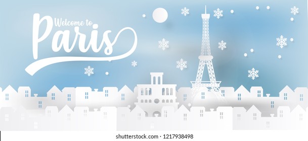 paris eiffel winter paper art illustration christmas day