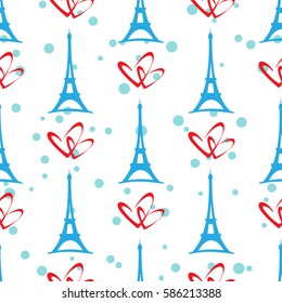 Paris Eiffer Tower silhouette and hearts isolated on white background. Seamless pattern for romantic wrapping paper or textile print. 